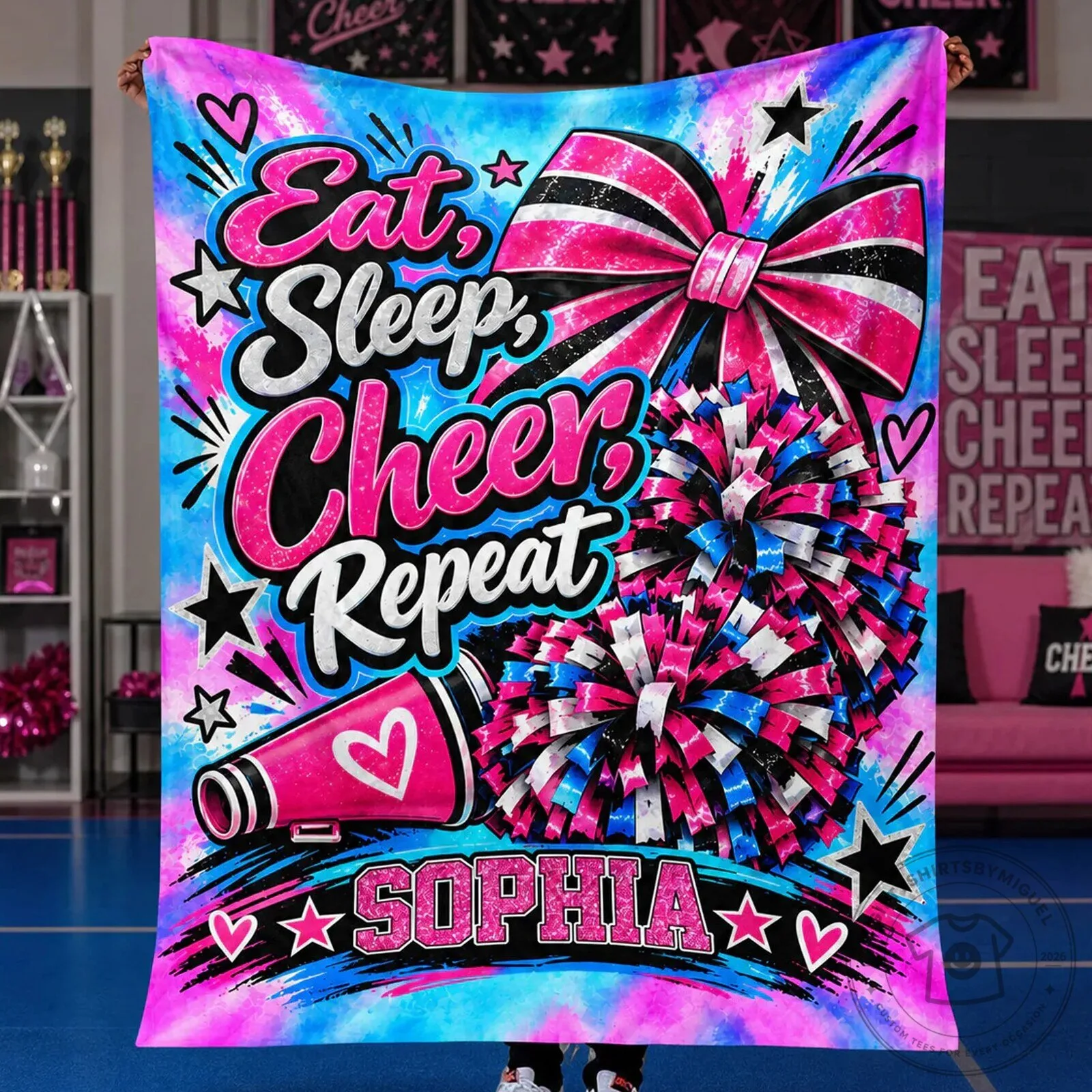 Eat Sleep Cheer Repeat Personalized Pink Tie-Dye Cheerleader Blanket 6 Eat Sleep Cheer Repeat Personalized Pink Tie-Dye Cheerleader Blanket
