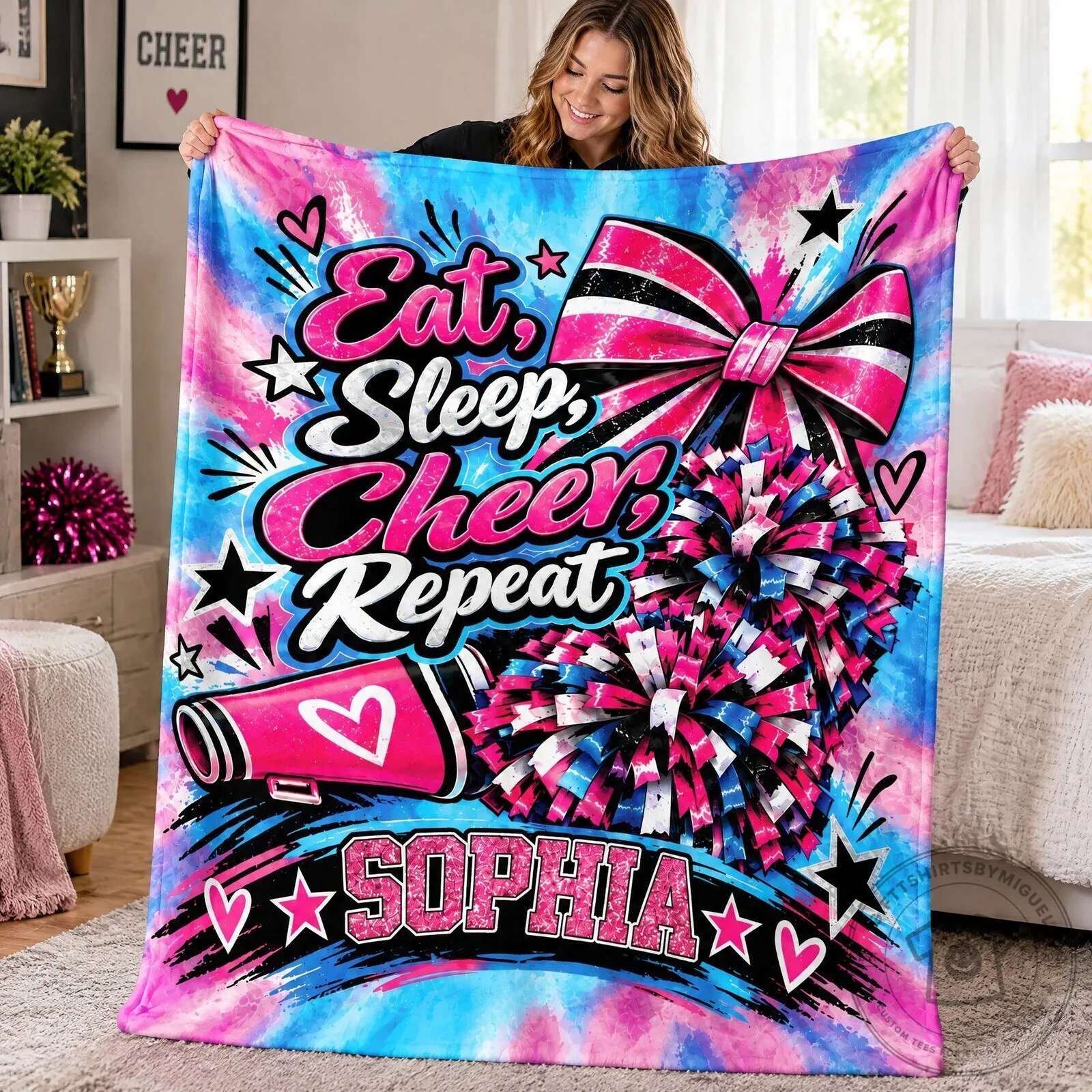 Eat Sleep Cheer Repeat Personalized Pink Tie-Dye Cheerleader Blanket 7 Eat Sleep Cheer Repeat Personalized Pink Tie-Dye Cheerleader Blanket