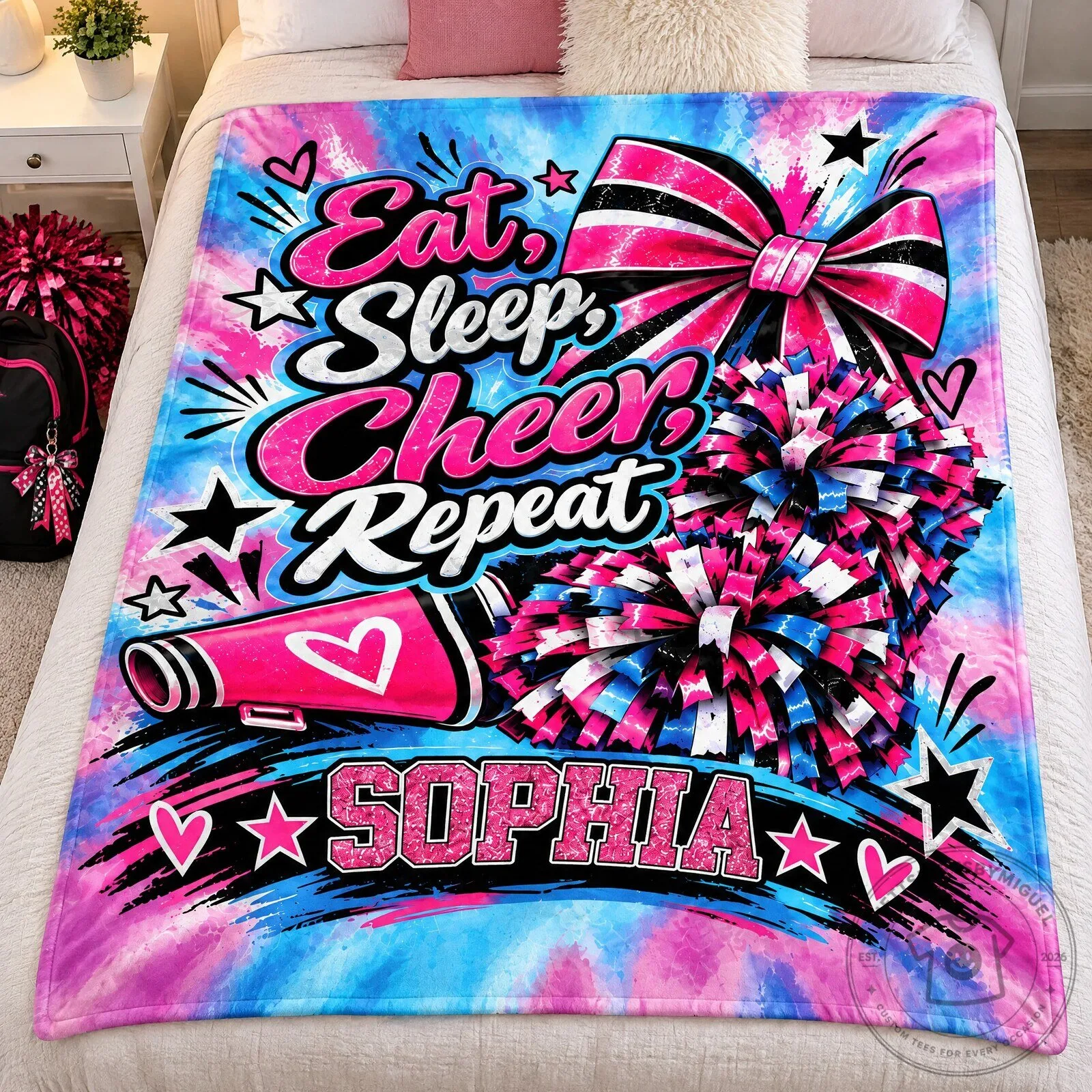 Eat Sleep Cheer Repeat Personalized Pink Tie-Dye Cheerleader Blanket 8 Eat Sleep Cheer Repeat Personalized Pink Tie-Dye Cheerleader Blanket