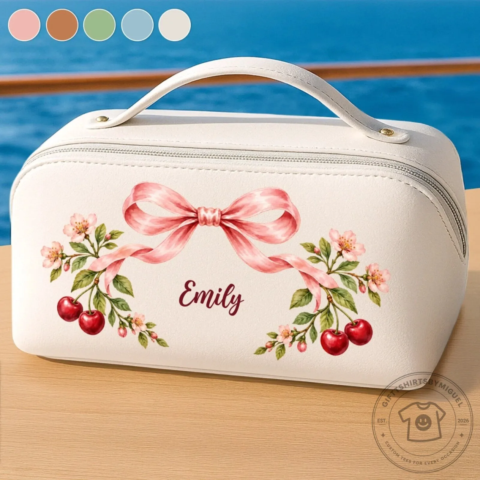 Personalized Cherry Bow Design Faux Leather Travel Toiletry Bag with Custom Name