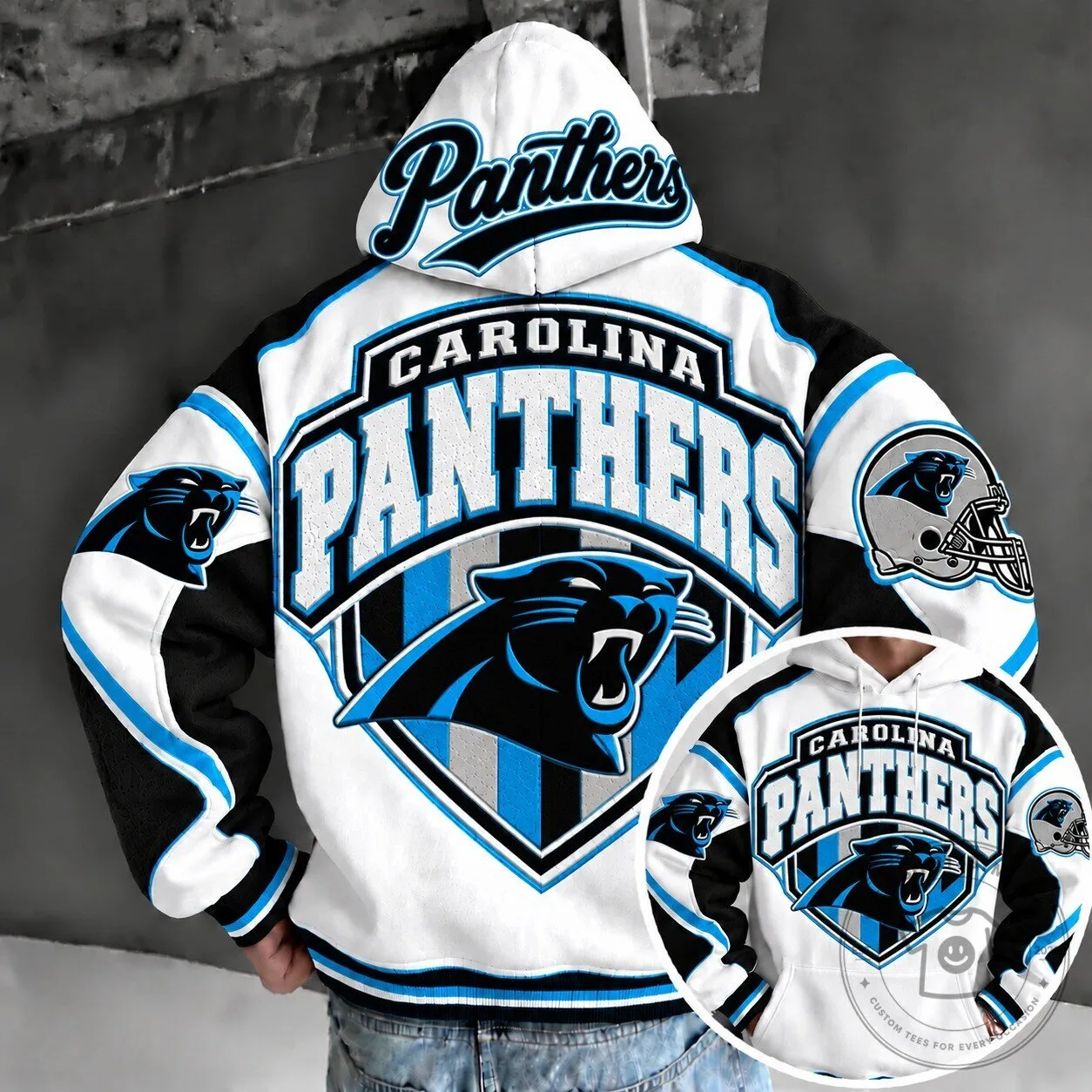 White and Blue Hoodie with Carolina Panthers NFL Team Logo