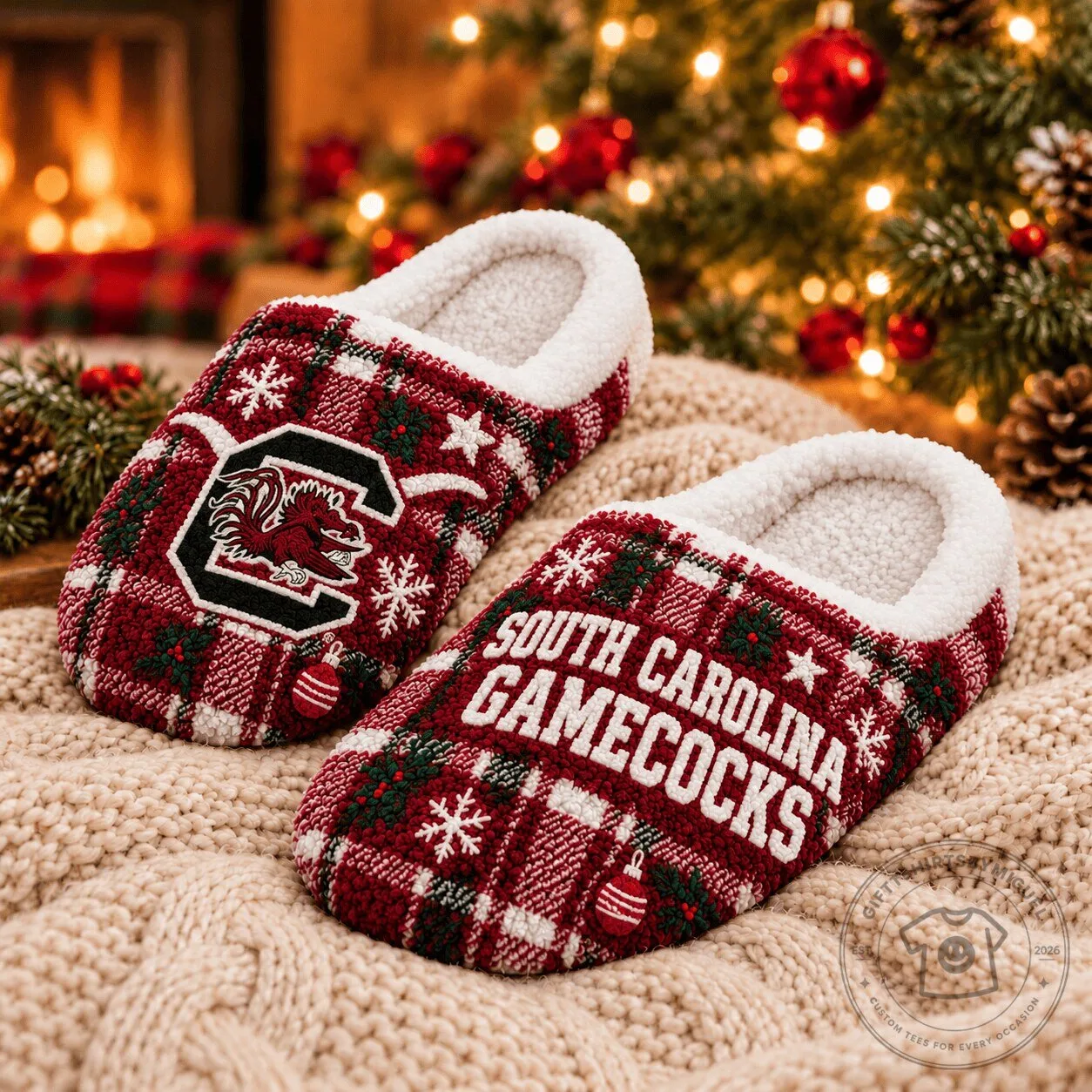 South Carolina Gamecocks Christmas Plaid Sherpa Slippers