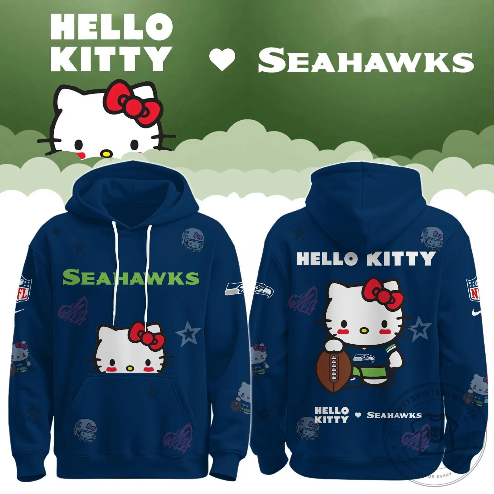 Hello Kitty Seattle Seahawks Football Team Fan Art Blue Hoodie