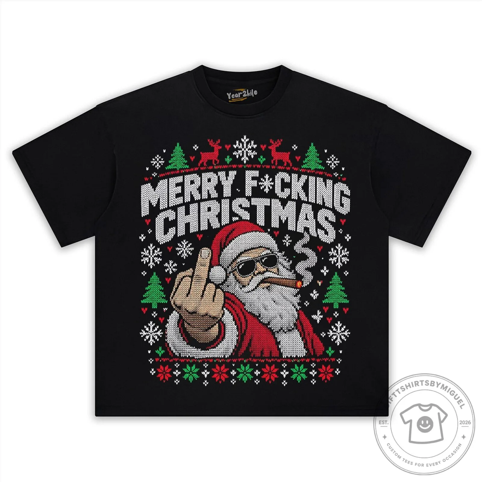 Rebel Santa Claus Ugly Christmas Sweater Style Black T-Shirt