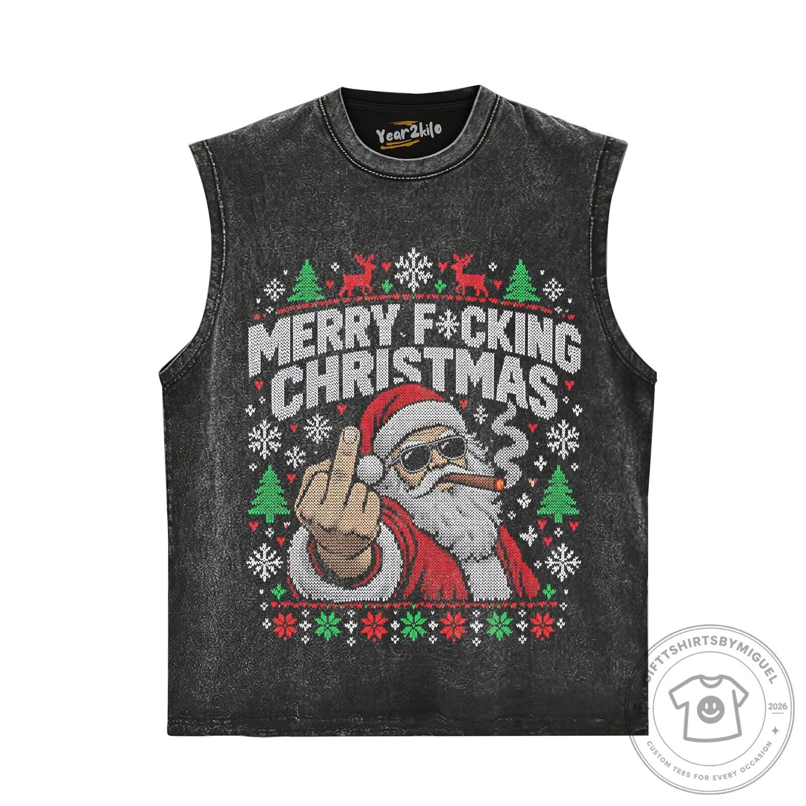 Rebel Santa Claus Ugly Christmas Sweater Style Black T-Shirt 9 Rebel Santa Claus Ugly Christmas Sweater Style Black T-Shirt