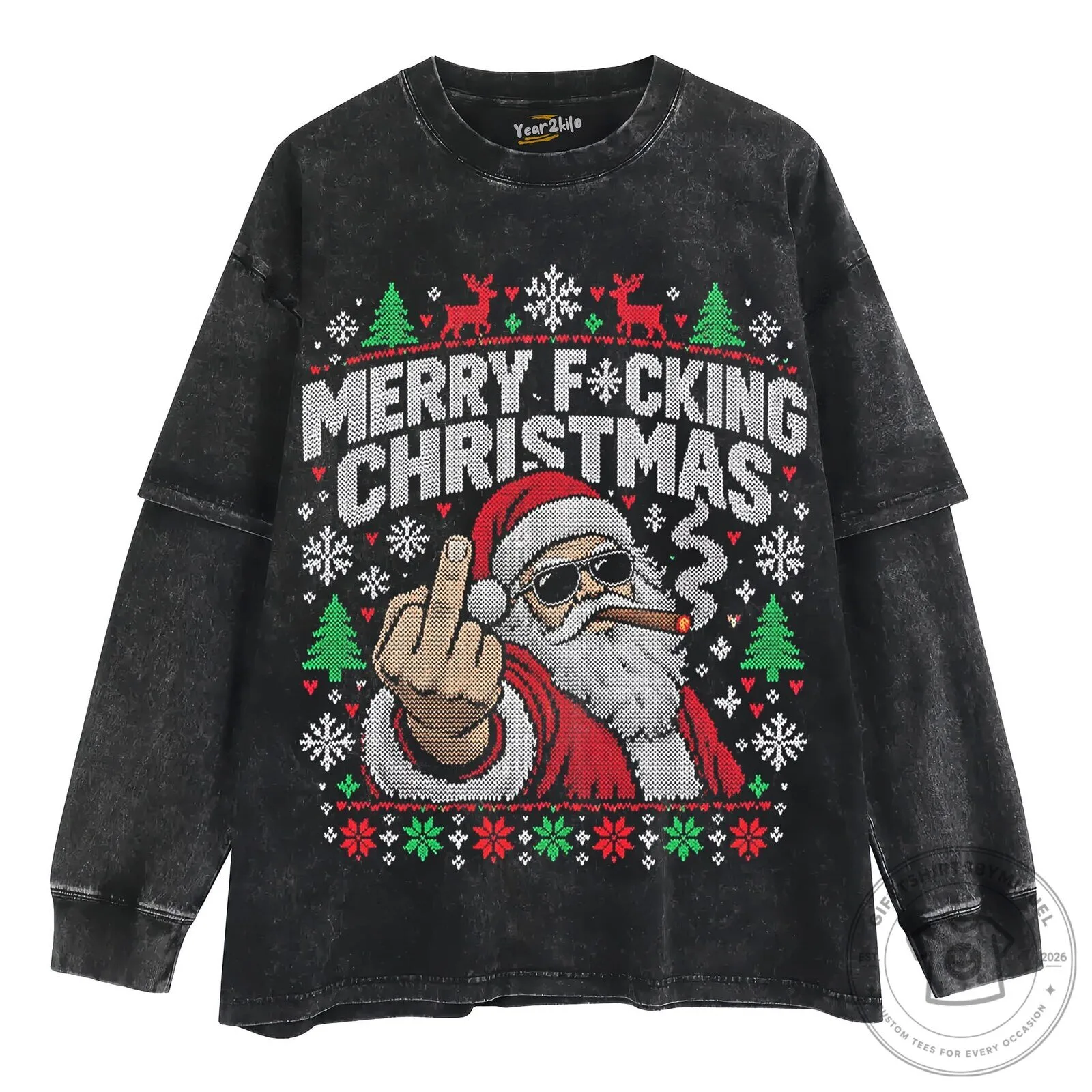 Rebel Santa Claus Ugly Christmas Sweater Style Black T-Shirt 10 Rebel Santa Claus Ugly Christmas Sweater Style Black T-Shirt