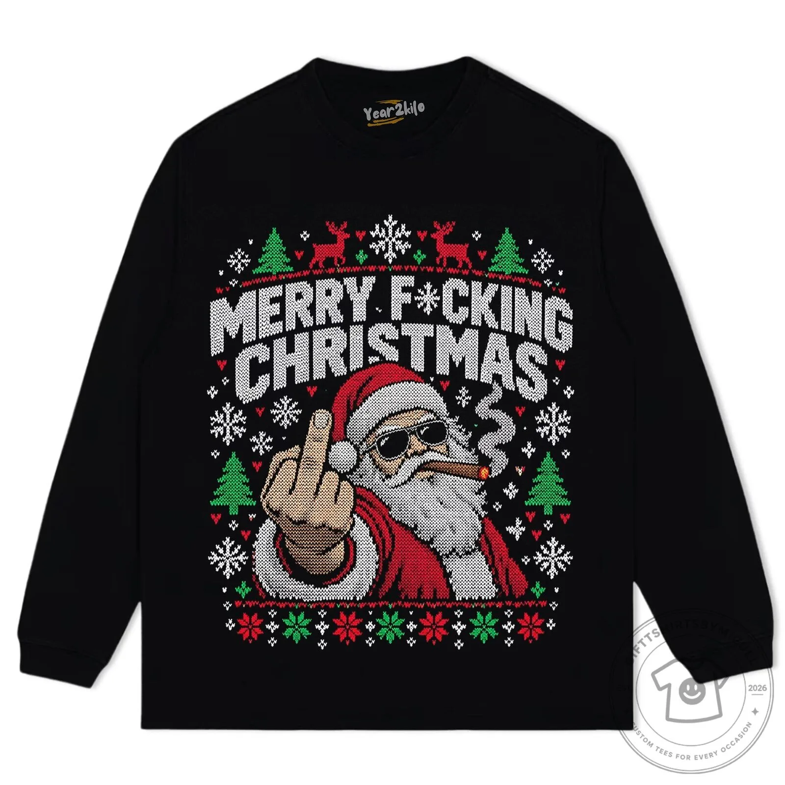 Rebel Santa Claus Ugly Christmas Sweater Style Black T-Shirt 11 Rebel Santa Claus Ugly Christmas Sweater Style Black T-Shirt