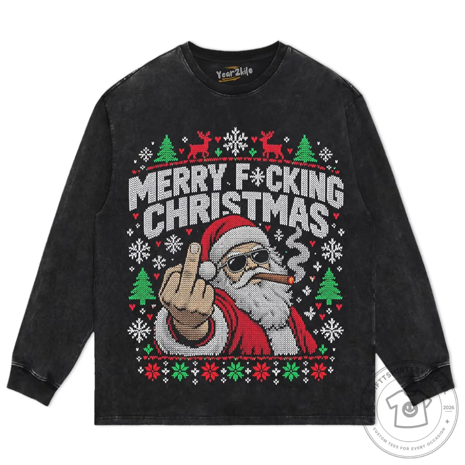 Rebel Santa Claus Ugly Christmas Sweater Style Black T-Shirt 12 Rebel Santa Claus Ugly Christmas Sweater Style Black T-Shirt
