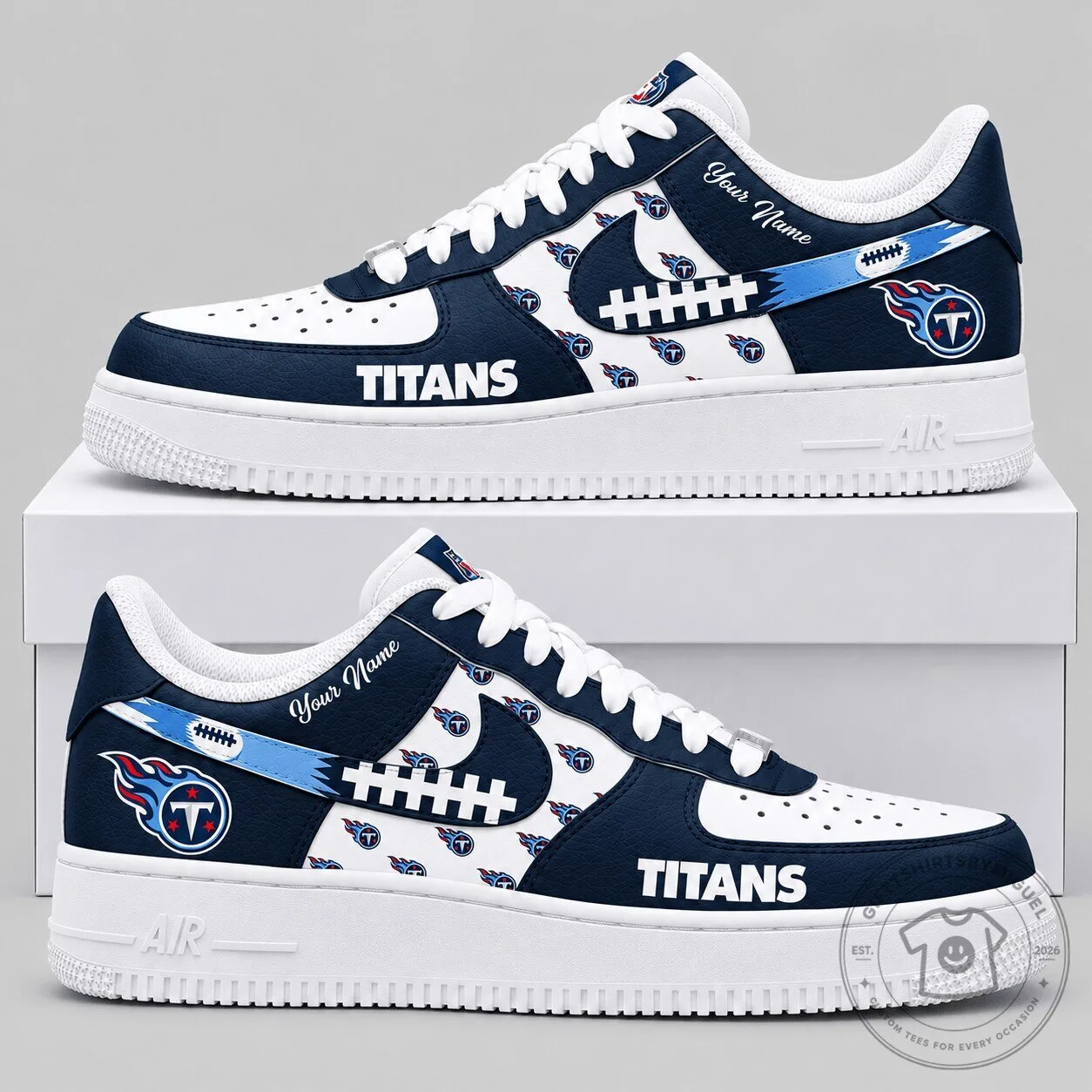 Tennessee Titans Custom Name Football Team Logo White and Navy Blue Sneakers