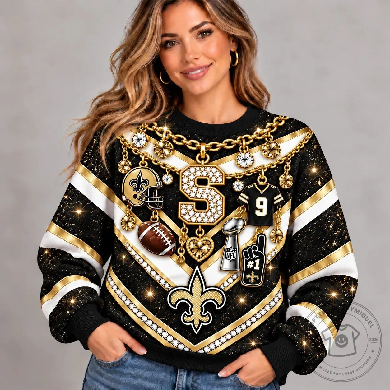 New Orleans Saints Football Team Luxury Bling Crewneck Sweatshirt