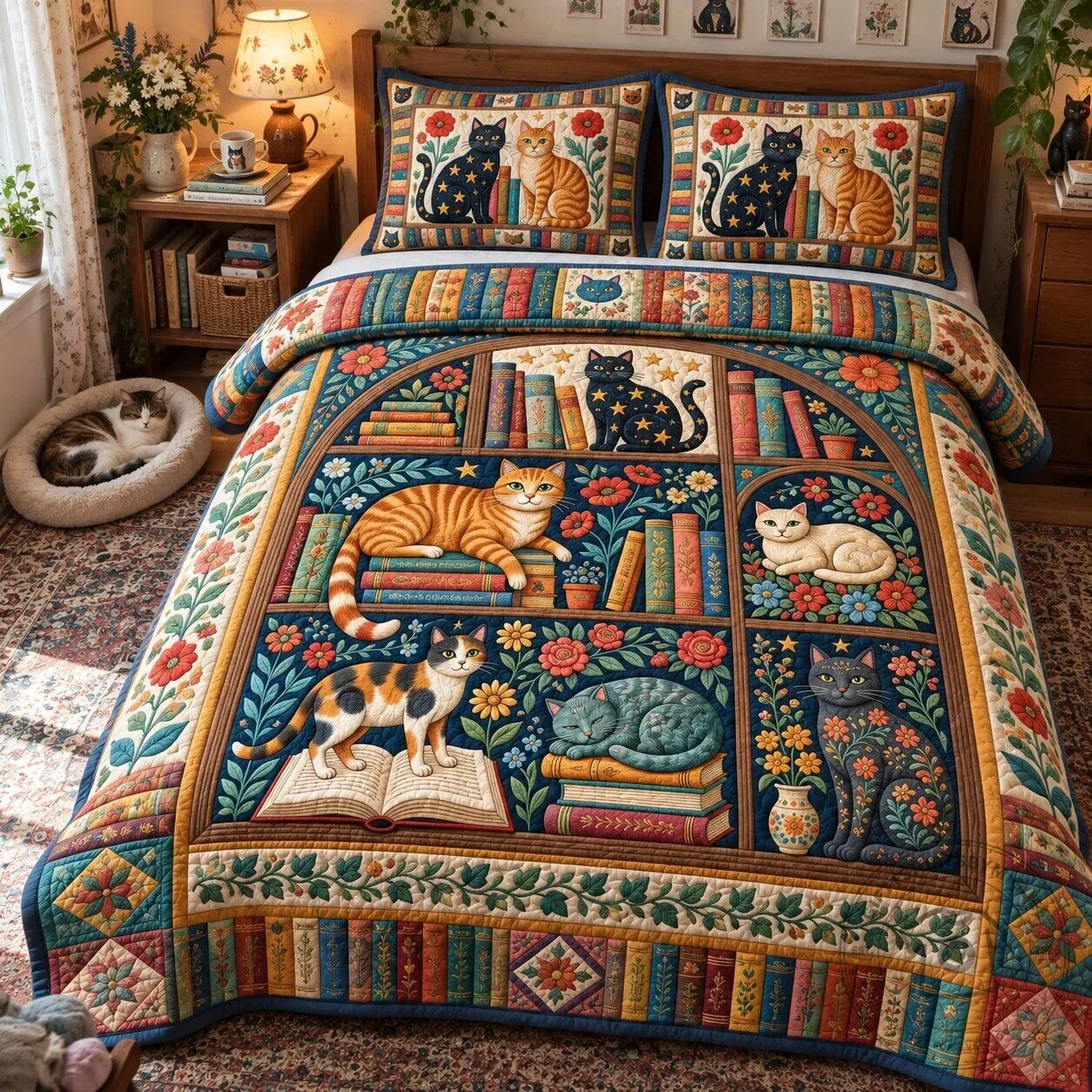Folk Art Cats and Bookshelf Quilted Bedding Set with Pillow Shams