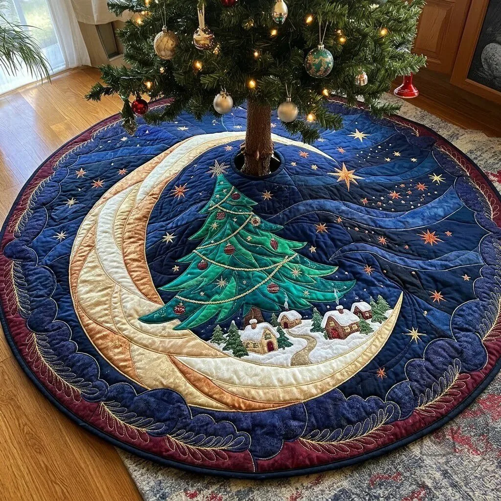 Christmas Tree and Moon Galaxy Quilted Tree Skirt for Holiday Home Decor