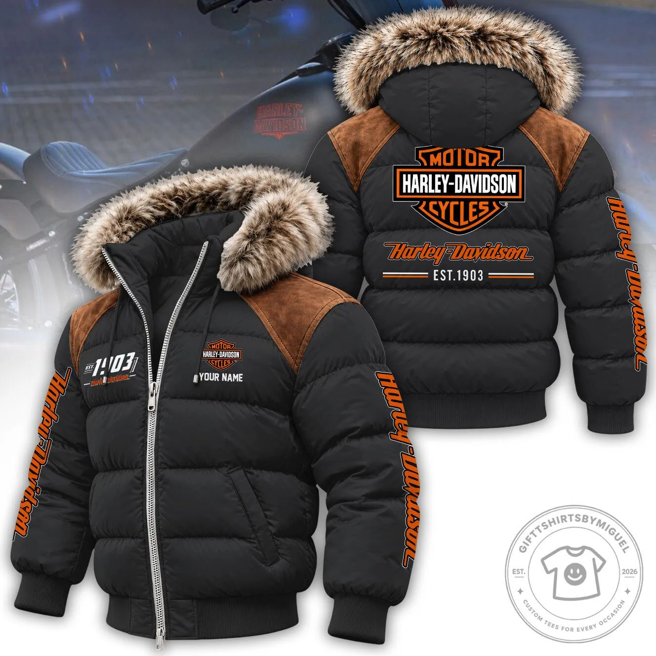 Winter Puffer Jacket with Fur Hood featuring Harley-Davidson Motorcycle Logo