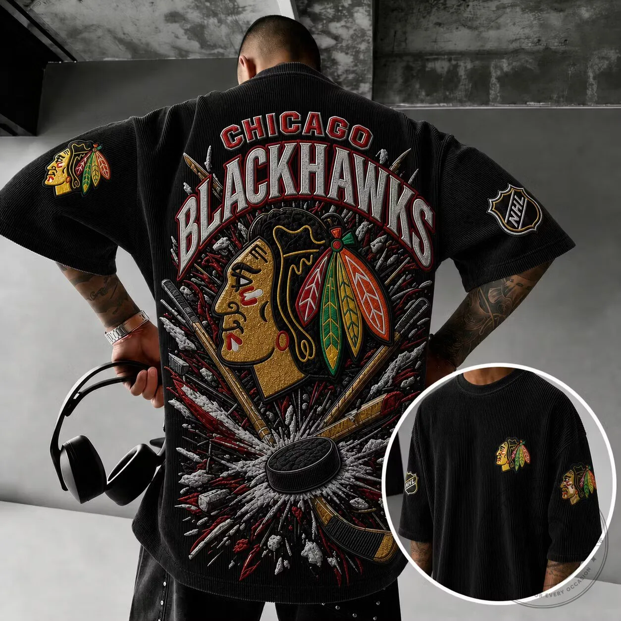Short-Sleeve T-Shirt featuring Chicago Blackhawks Ice Hockey Team Logo for Fans