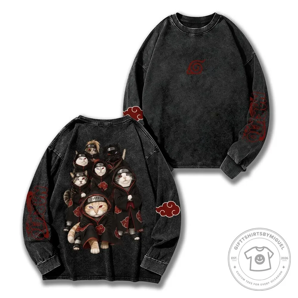 Naruto Akatsuki Cats Washed Crewneck Sweatshirt