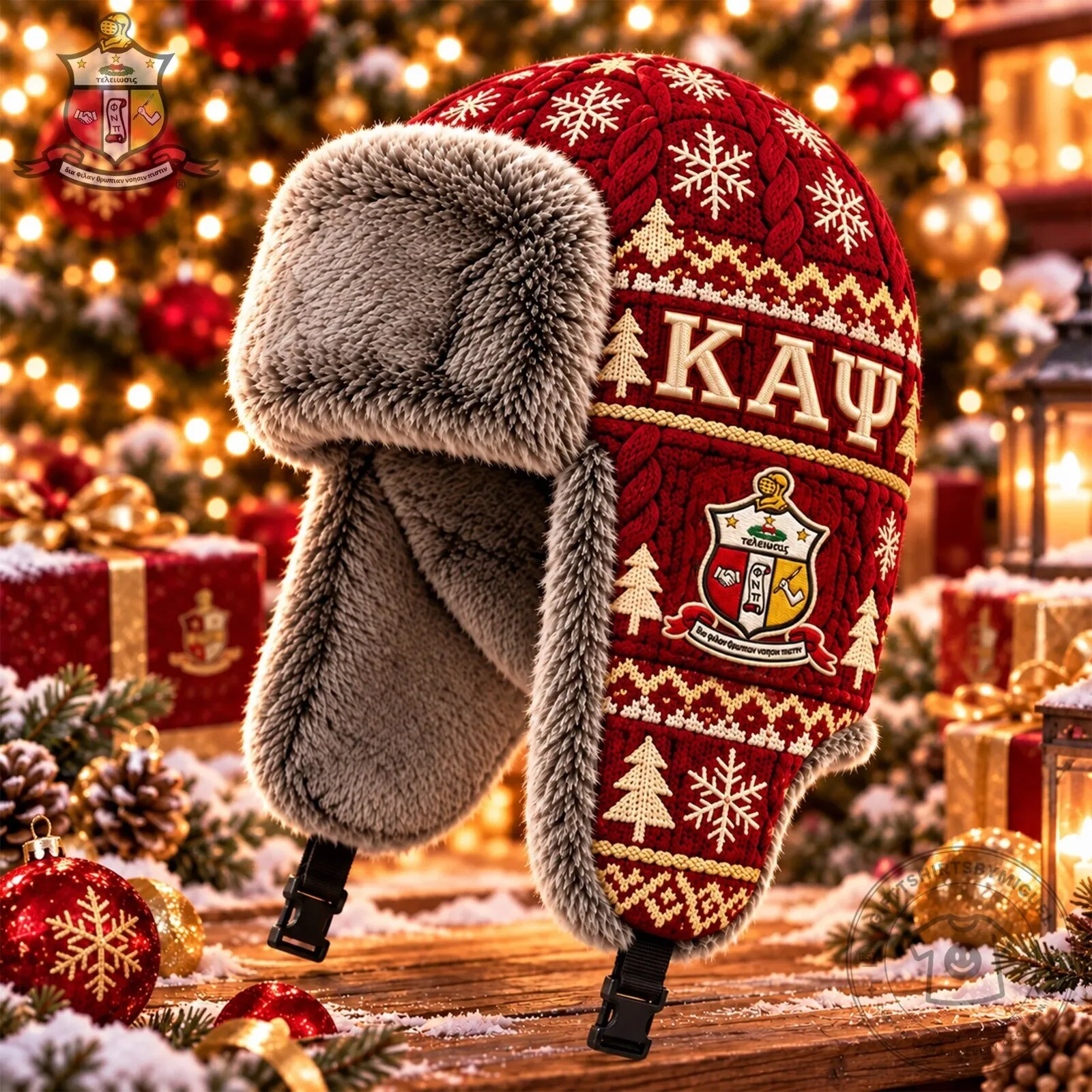 Kappa Alpha Psi Fraternity Christmas Knitted Trapper Hat with Faux Fur