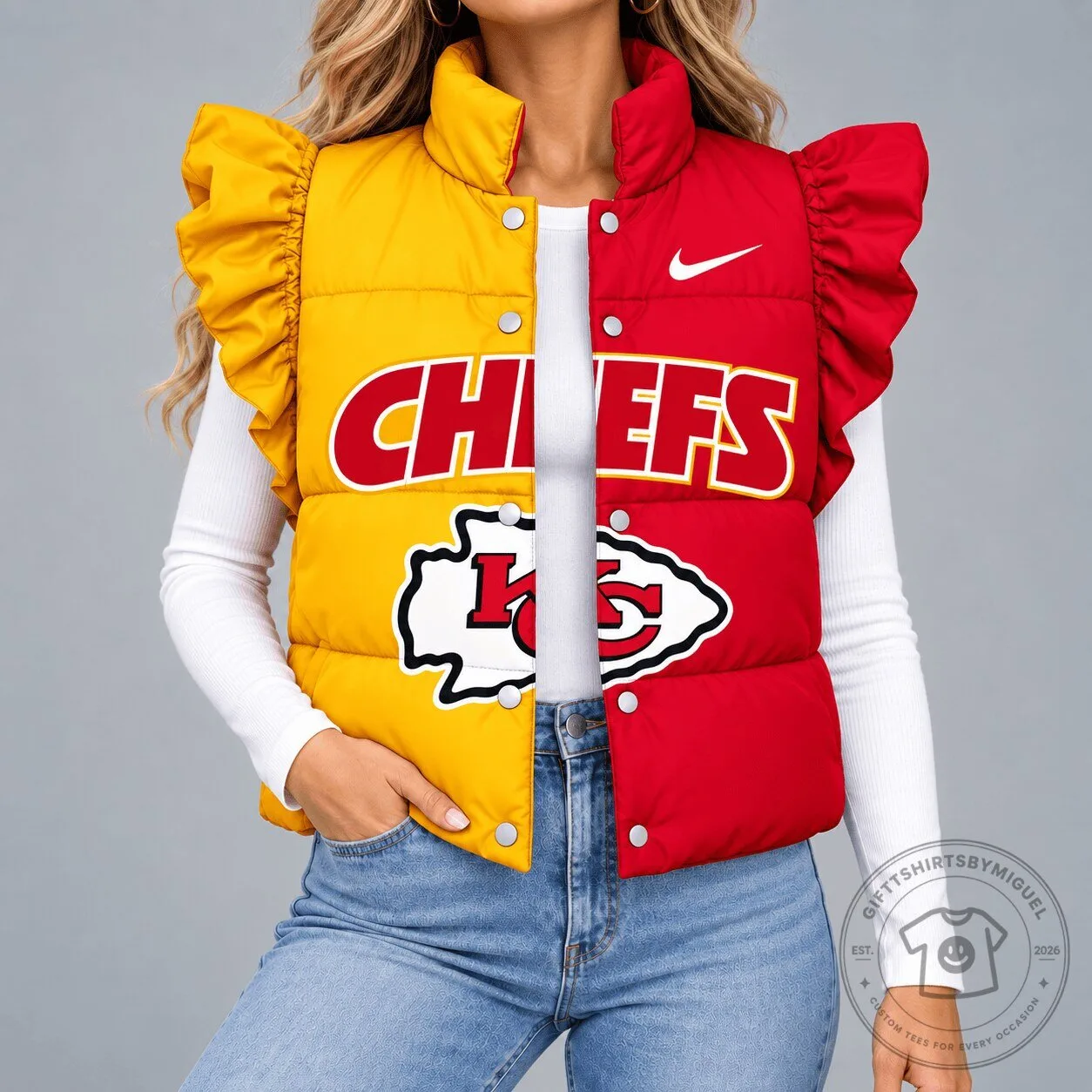 Kansas City Chiefs NFL Football Team Split Color Ruffle Sleeve Puffer Vest for Women