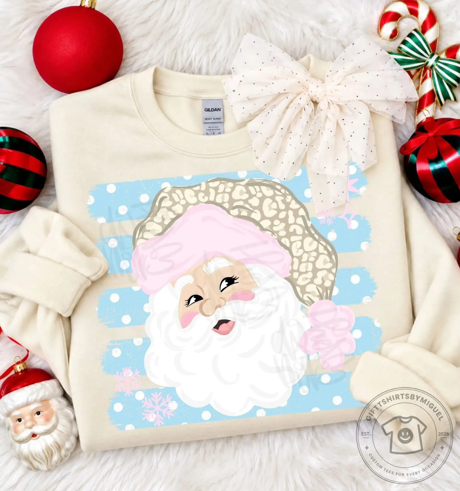 Leopard Santa Claus Pink Hat Christmas Holiday Cream Crewneck Sweatshirt