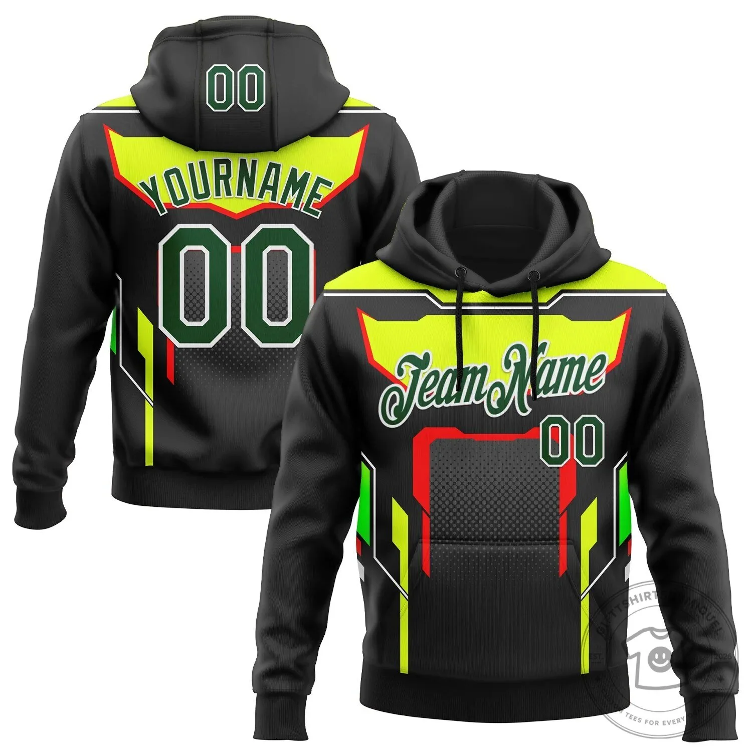 Custom Stitched Black Green Neon Yellow Red White Car Racing Motorsport Pullover Hoodie