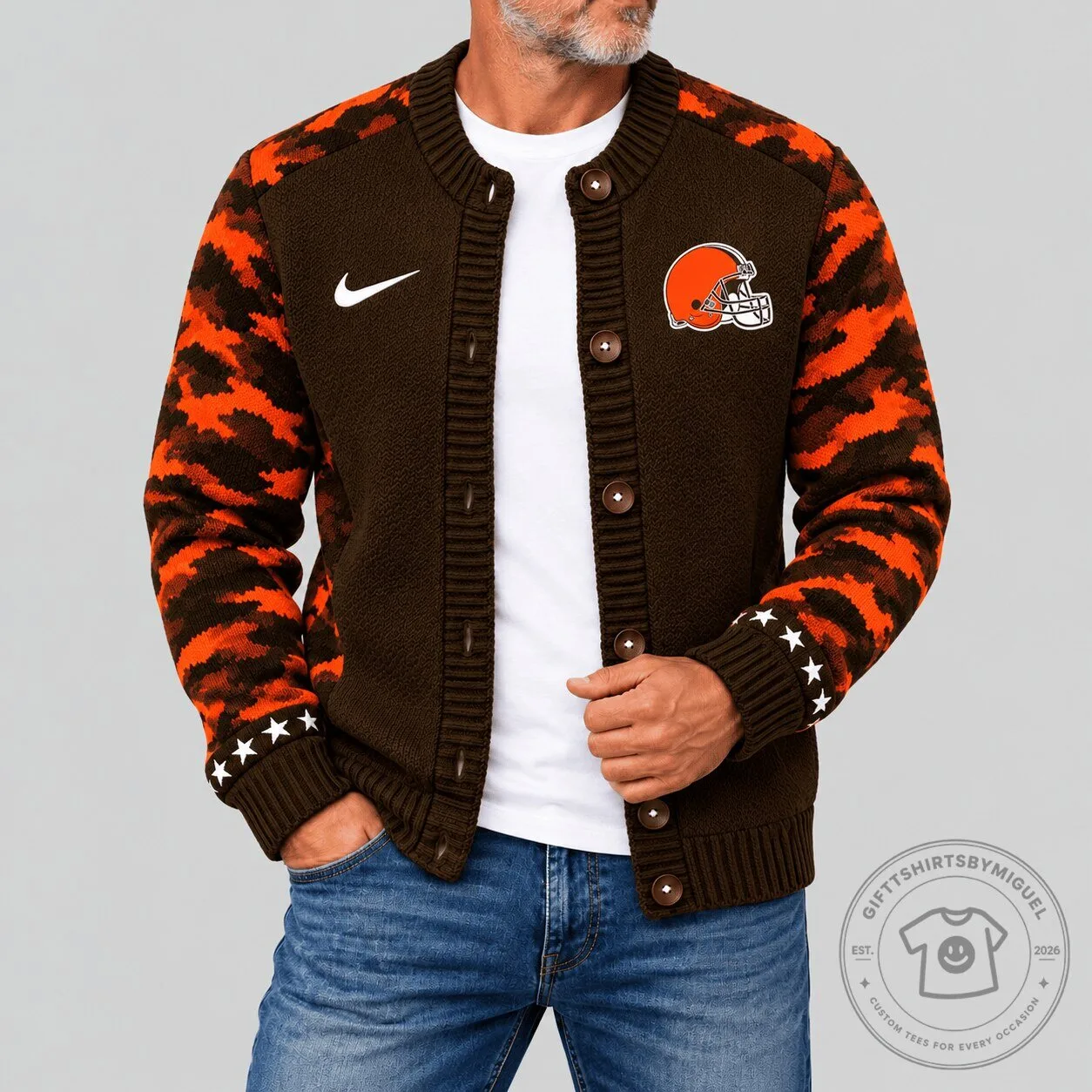 Cleveland Browns NFL Football Team Brown and Orange Camouflage Knit Cardigan Jacket