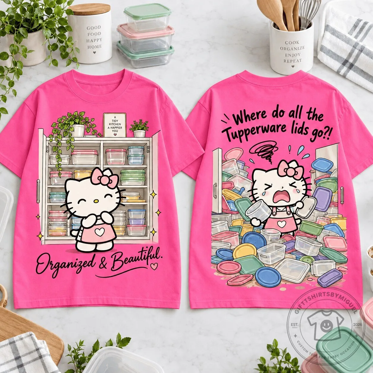 T-Shirt for Kitchen Enthusiasts Featuring Hello Kitty and Tupperware Organization Design