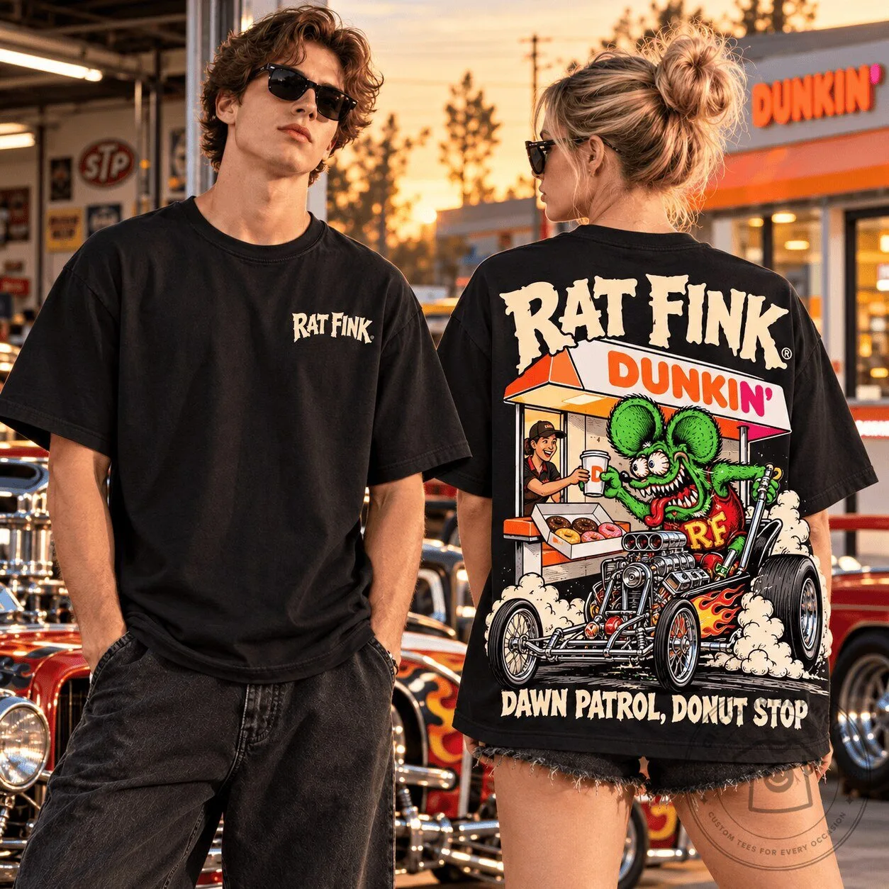 Rat Fink Dunkin' Donuts Dawn Patrol Hot Rod Graphic Black T-Shirt