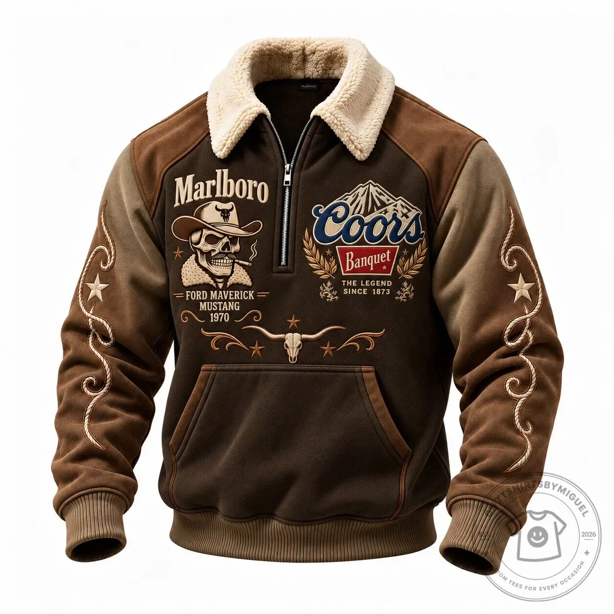 Vintage Marlboro Coors Banquet Beer Cowboy Skull Western Style Sherpa Lined Jacket