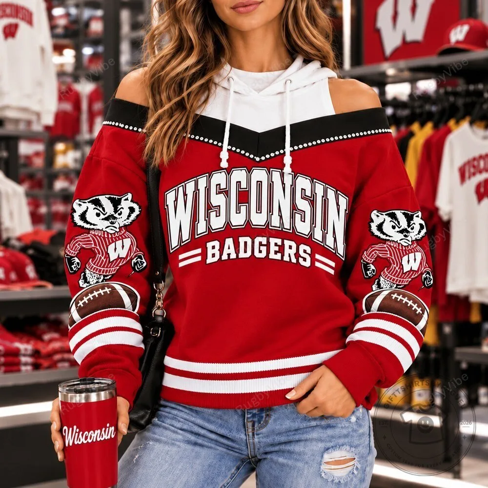 Wisconsin Badgers Football Team Mascot Red and White Off Shoulder Hoodie